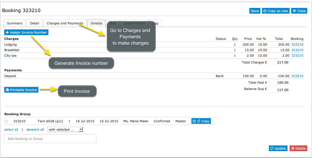 Invoice tab of a booking