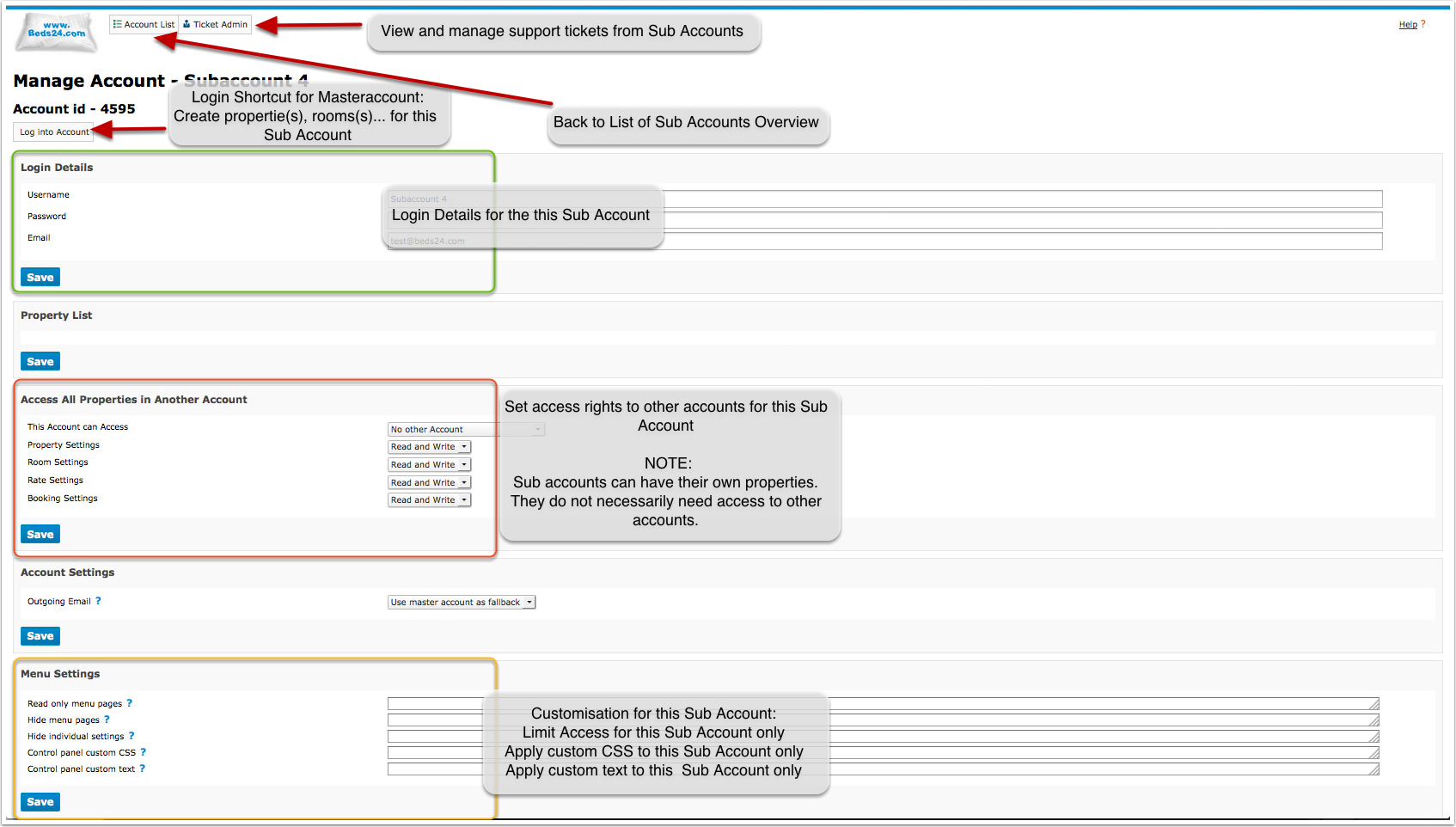 Manage button for an individual sub account in the account list