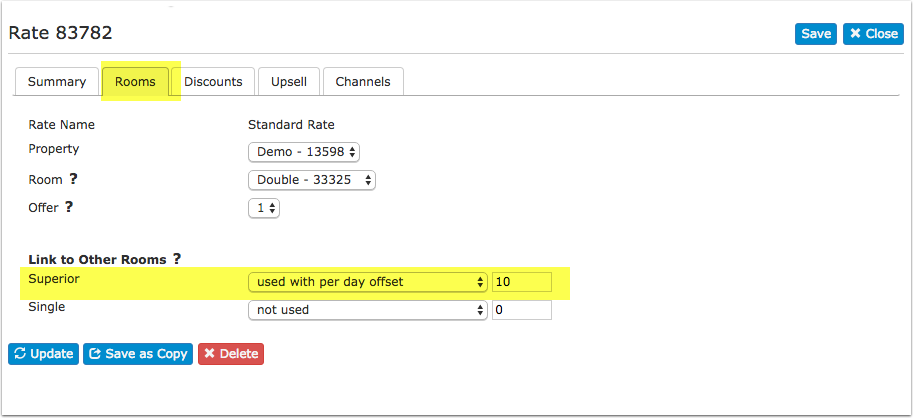 Rooms tab of a Fixed Price with room, offer and linking settings
