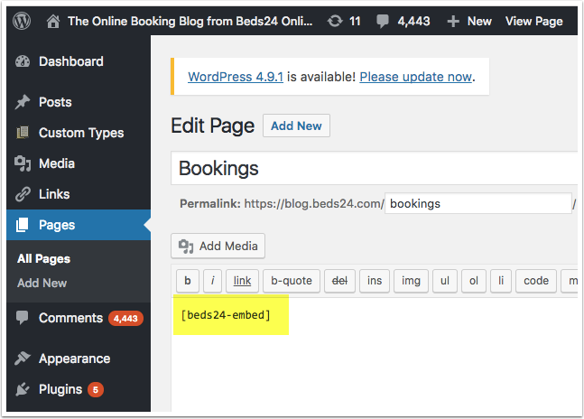 Booking page added with the beds24-embed shortcode