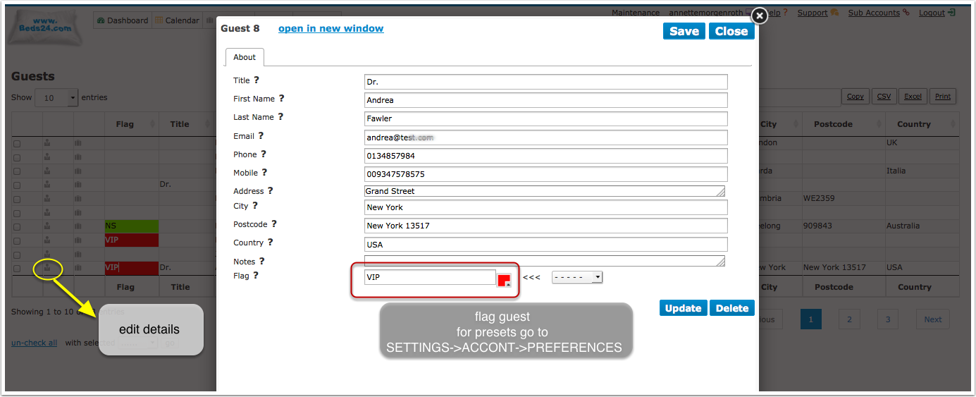 Guest icon for editing guest details, notes and flags