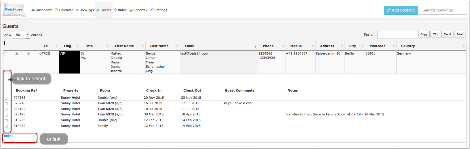 Delete and Link actions at the end of the guest list