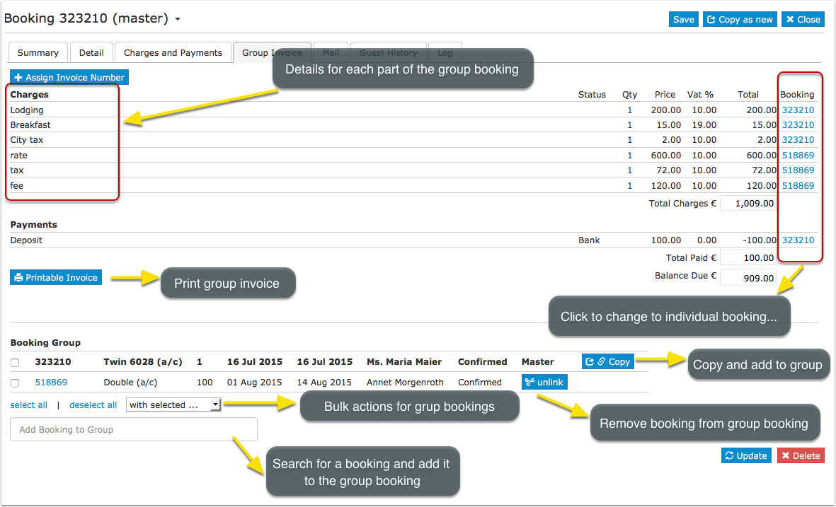 Group booking invoice