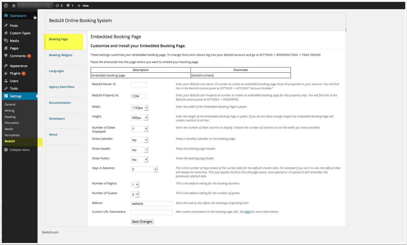 General booking page settings in the Beds24 WordPress plugin