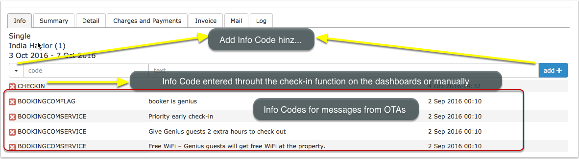 Info tab with the booking info template and info items