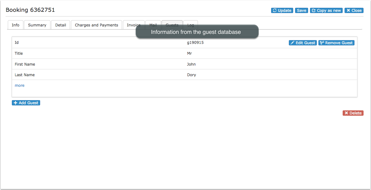 Guests tab of a booking