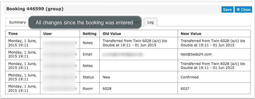 Logs tab of a booking