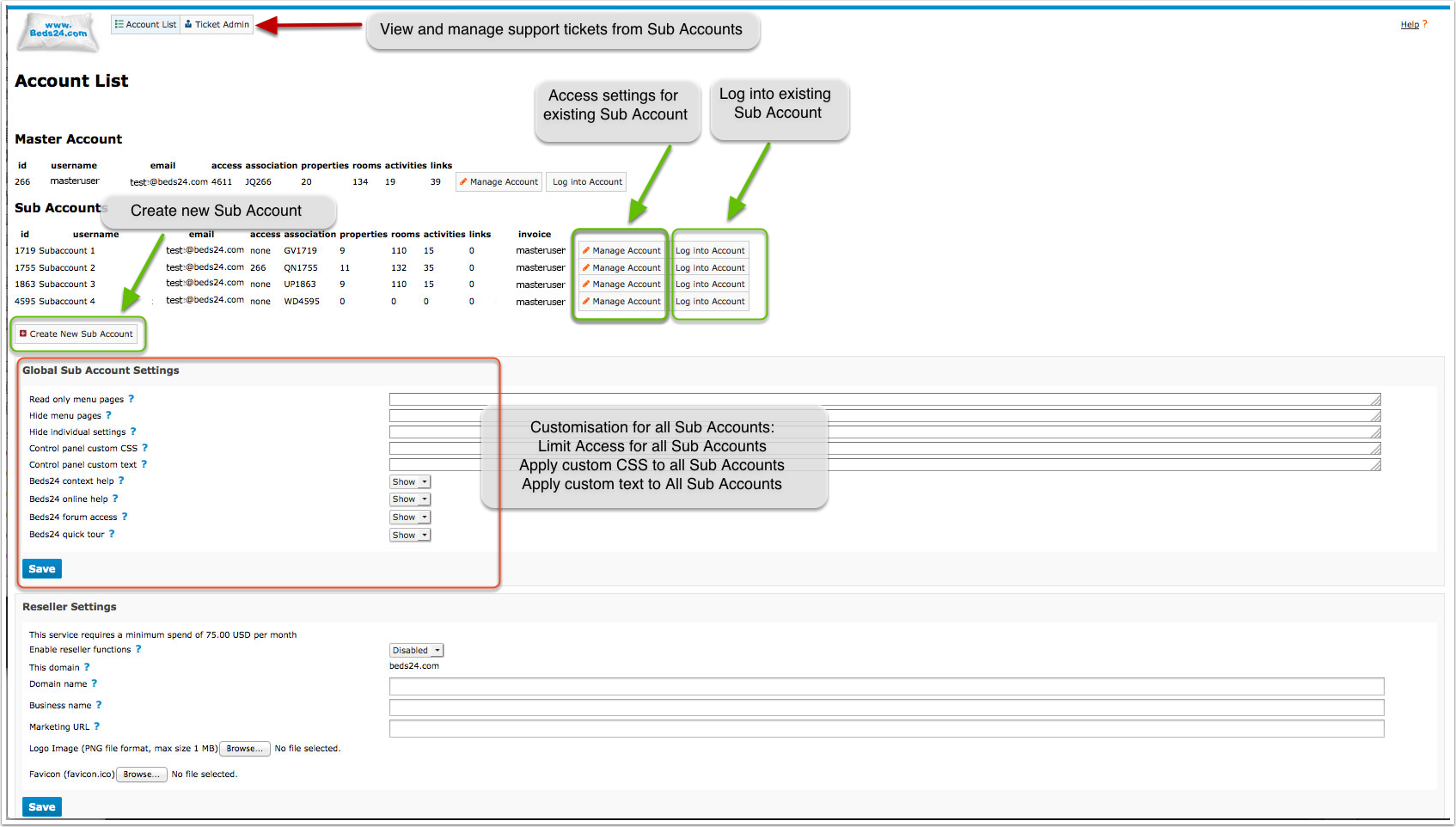 Global sub account settings in Account Management