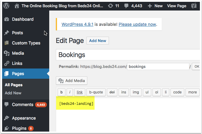 Booking page added with the beds24-landing shortcode
