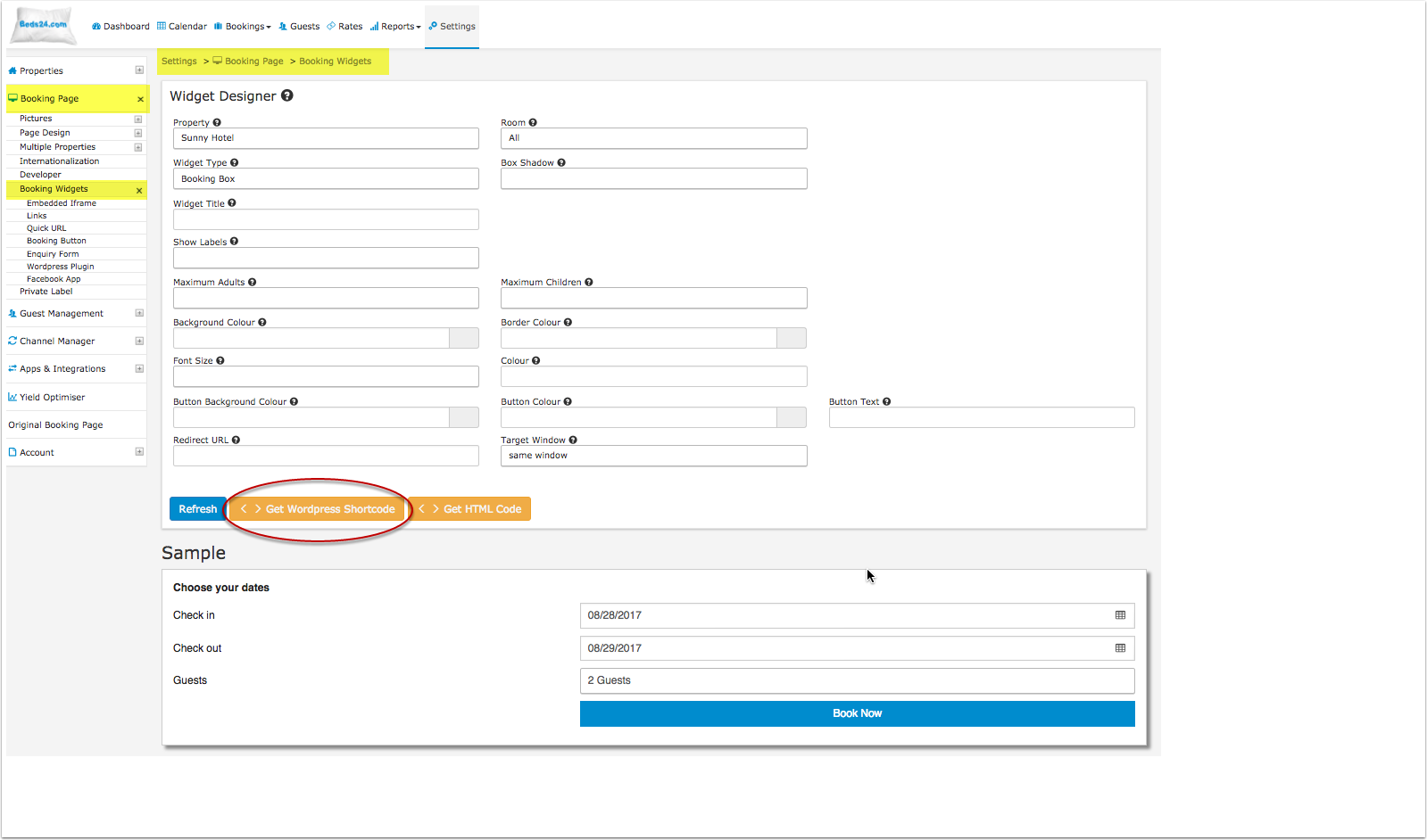 Generating a widget shortcode in the Beds24 widget designer