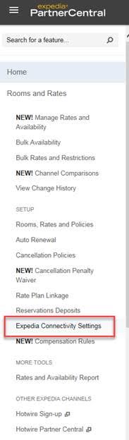 Expedia Connectivity Settings in the Expedia extranet