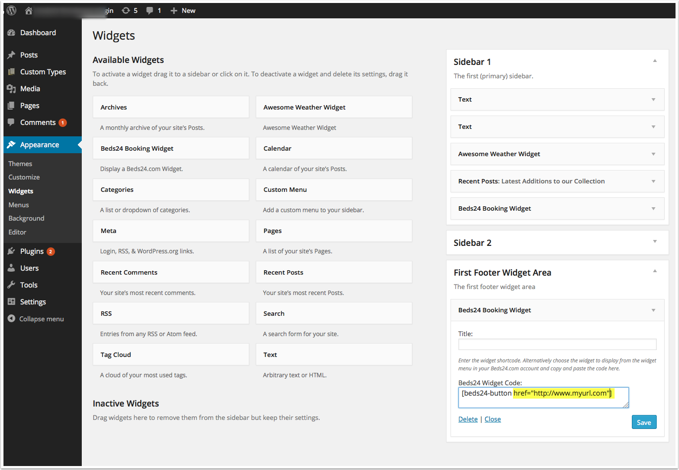 Widget shortcode pasted into a WordPress page