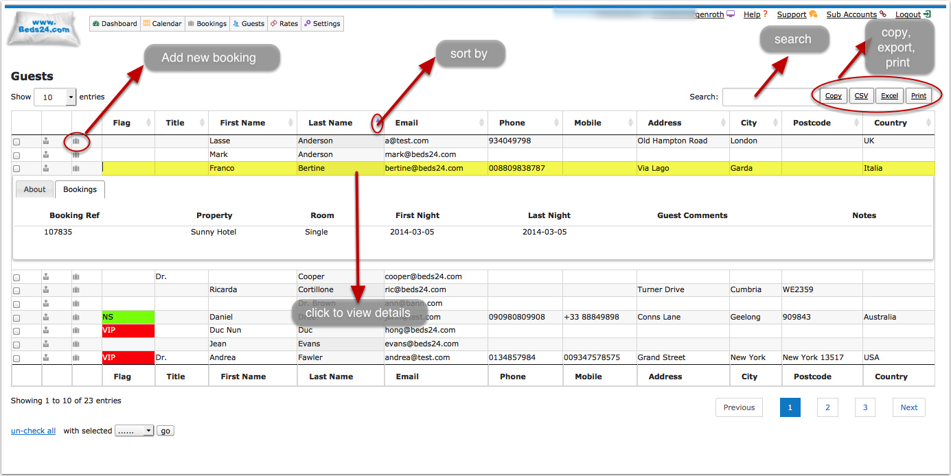 Guest list in Bookings > Guests with the suitcase icon and guest tabs