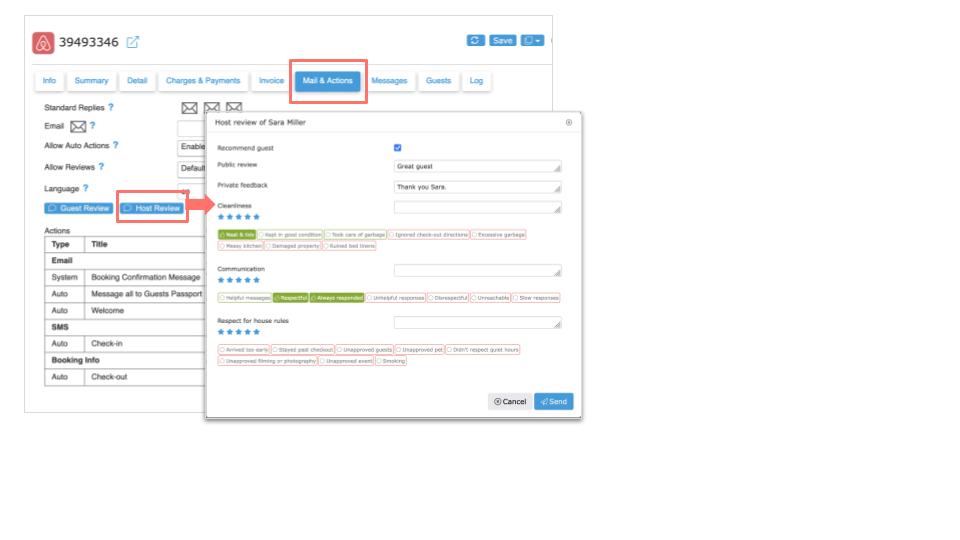 Airbnb guest review on the Mail and Actions tab of the booking