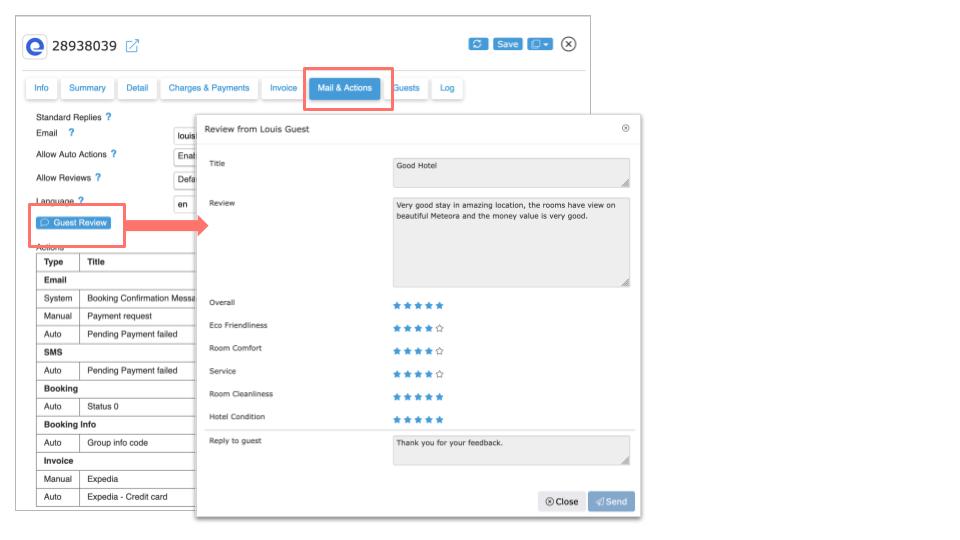 Expedia review on the Mail and Actions tab of the booking