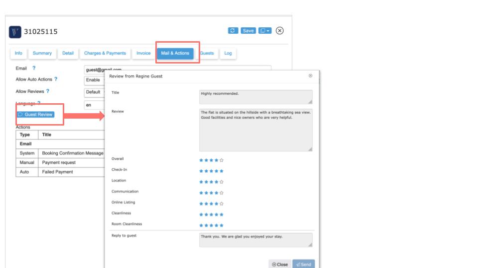 Vrbo review on the Mail and Actions tab of the booking